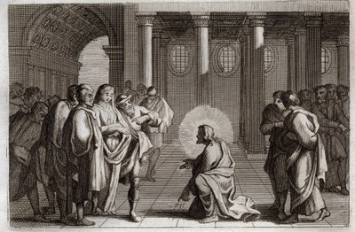 Royaumont-Bibel, Neues Testament: Die Ehebrecherin. Jesus Christus entzieht sich göttlich den Fallen, die die Juden ihm stellten, indem sie ihn fragten, was mit einer Frau geschehen solle, die beim Ehebruch ertappt wurde, und sagten: „Wer von euch ohne Sün von Unknown artist