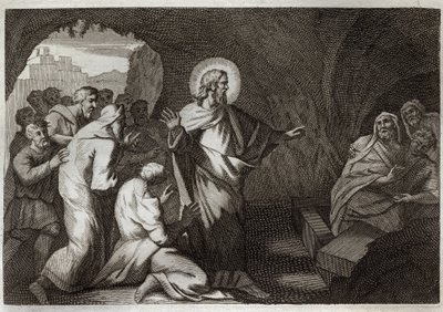 Royaumont-Bibel, Neues Testament: Die Auferweckung des Lazarus durch Jesus Christus. Illustration von 1811. von Unknown artist