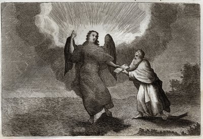 Royaumont-Bibel, Neues Testament: Vision des Heiligen Johannes. Vision des Engels mit einem offenen Buch, das Johannes zum Verzehr gibt. Illustration von 1811. von Unknown artist