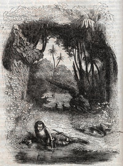 Ruggiero auf der Insel Alcina - Gravur von 1851 aus dem Gedicht Orlando furioso (1516) von Ludovico Ariosto - Ausgabe übersetzt aus dem Italienischen von Graf von Tressan und veröffentlicht von Gustave Harvard 1851 von Unknown artist