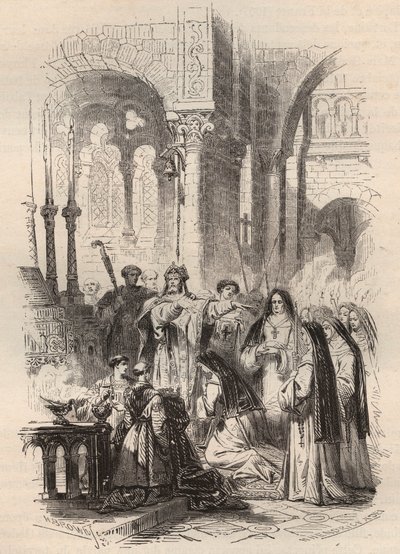 Segnung von Heiliger Kunigunde von Luxemburg (ca. 975-1033/1039) im Jahr 1024, übergeben vom Bischof von Paderborn Meinwerk (ca. 975-1036) in der Benediktinerabtei von Kaufungen in Deutschland. Gravur von 1868 in „Histoire de Belgique von den frühesten Zei von Unknown artist