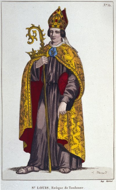 Heiliger Ludwig von Toulouse oder Heiliger Ludwig von Anjou. Großneffe von Ludwig dem Heiligen (1274 bis 1297), Bischof von Toulouse. Gravur von 1830 von Unknown artist