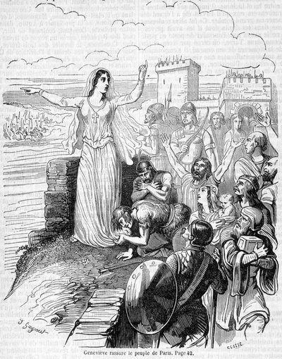 Sainte Geneviève organisiert die Verteidigung von Paris gegen die Horden von Attila und beruhigt die Pariser - in „Histoire de France“ von Anquetil von Unknown artist