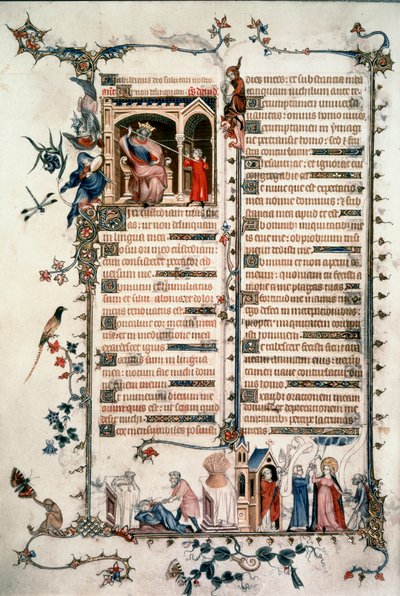 Saul bedroht David, Kain tötet Abel, Allegorien der Eucharistie und Nächstenliebe. Brevier von Belleville. 1323-1326. Ms. Lat. 10483 fol.24v. - Jean Maid. Belleville Brevier von Unknown artist