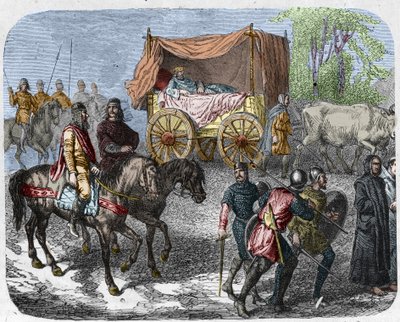 Szene, die die faulen Könige darstellt: König von Frankreich Thierry III (673-691) wird in einem Tank mit einem von Ochsen gezogenen Bett transportiert. von Unknown artist