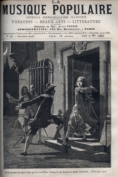 Szene aus „Der Sizilianer oder die Liebe des Malers“, Komödie von Molière (1622-1673). Hali, der Narr von Araste, lenkt die Aufmerksamkeit von Don Pedre, dem Eifersüchtigen, ab, um den Liebenden Araste und Isidore ein Treffen zu ermöglichen. (Akt I, Szene  von Unknown artist