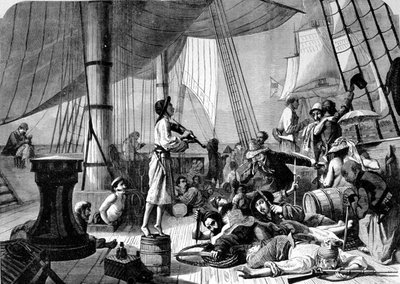 Szene auf dem Deck eines Piratenschiffs. Gravur aus dem 19. Jahrhundert. von Unknown artist