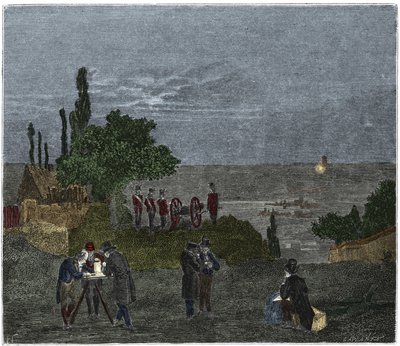 Wissenschaftliches Experiment: die Berechnung der Schallgeschwindigkeit durch Humboldt, Louis-Joseph Gay-Lussac, Bouvard, Prony und Mathieu, die die Zeit zwischen der Wahrnehmung des Lichts und dem Schuss eines Gewehrs bestimmen von Unknown artist