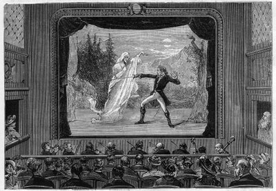 Wissenschaftliche Shows: lebende Spektren. Erleben Sie die Spektren auf der Theaterbühne. Ein Komiker kämpft gegen einen Geist. Gravur in „La Nature“ von Unknown artist