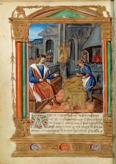 Skulptur: Ein Meister kontrolliert die Arbeit seines Lehrlings, der einen Adler schnitzt. Miniatur aus "Roman de Theseus de Cologne et de Godifer" 16. Jahrhundert Paris, B.N. von Unknown artist