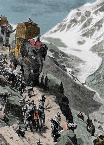 Zweiter Punischer Krieg. Die Armee von Hannibal Barca überquert die Alpen, 218 v. Chr. Italienische Gravur des 19. Jahrhunderts. von Unknown artist