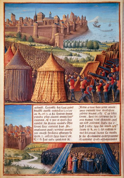 Zweiter Kreuzzug: Ansicht der Belagerung von Askalon im Jahr 1153 durch Baudouin III. Miniatur aus „Les passages faits Outremer par les Français contre les Turks et autres Sarrazins et Moures Outremarine“ von Sebastien Mamerot von Unknown artist