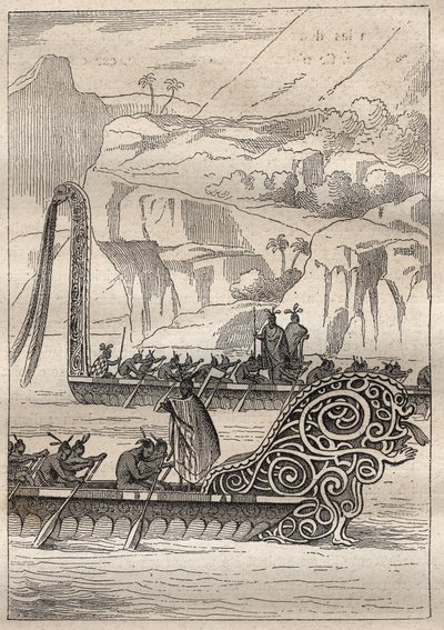 Zweite Reise (1772-1775) von Kapitän James Cook (1728-1779): Kriegskanus der Neuseeländer - Illustration aus „Die großen Seefahrer des 18. Jahrhunderts“ von Unknown artist