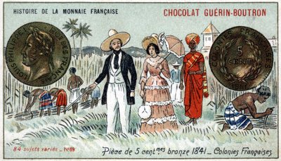 Serie Histoire de la Monnaie Française, veröffentlicht von Chocolat Guérin Boutron. Chromolithographie des 19. Jahrhunderts. 5-Cent-Bronzemünze im Jahr 1841. Französische Kolonien von Unknown artist