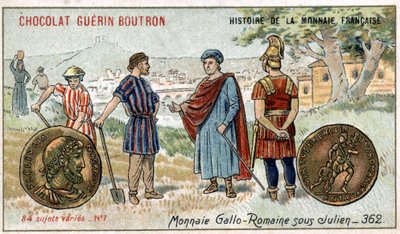 Serie Histoire de la Monnaie Française, veröffentlicht von Chocolat Guérin Boutron. Chromolithographie des 19. Jahrhunderts. Gallorömische Münzen unter Julian von Unknown artist