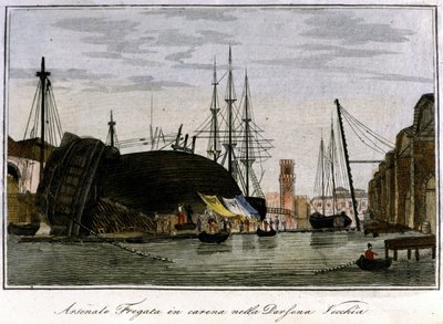 Schiff im Rumpf getroffen. Venezianische Fregatte, deren Rumpf im Arsenal repariert wird. Gravur aus dem 19. Jahrhundert von Unknown artist