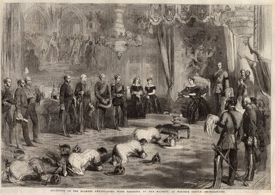 Siam-Botschafter krochen zu Königin Victoria I. (1819-1901) und Prinz Albert (1819-1861) während ihres Besuchs im Windsor Castle. Gravur in „The Illustrated London News“ vom 5. Dezember 1857. von Unknown artist