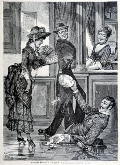 Schlittschuhszene in einer Brauerei. Ein Junge fällt und zerbricht die Teller, die er trug (1883) von Unknown artist