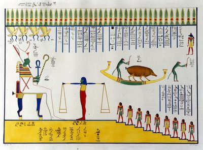 Die Seelen werden von Osiris gewogen und je nach Urteil fliegen sie zu den freien Geistern oder kehren in Tierkörper zurück, um den tödlichen Zyklus der Wanderungen wieder aufzunehmen. Grab von Biban-el-Moluk von Unknown artist