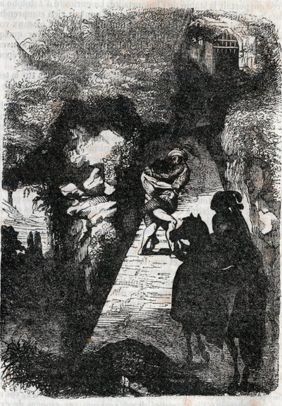 Kampf zwischen Roland und Rodomont - Gravur von 1851 aus „Furious Roland“ (Orlando furioso) (16. Jahrhundert) von Ludovico Ariosto, bekannt als Ariosto - Ausgabe übersetzt aus dem Italienischen von Graf von Tressan und veröffentlicht von Gustave Harvard von Unknown artist