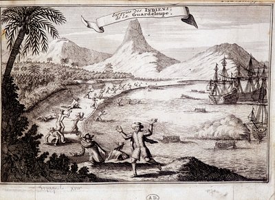 Überraschung der Indianer bei der Landung von Christoph Kolumbus in Guadeloupe (Karavellen) - Gravur von Unknown artist