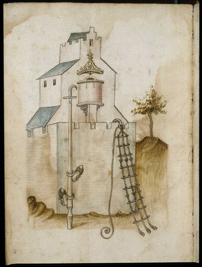Systeme zum Klettern an Wänden - Manuskript: Pergamentblatt aus einem Ingenieurshandbuch für den Bau ziviler, religiöser und militärischer Gebäude, anonym, spätes 15. Jahrhundert (Figur in chinesischer Tinte) von Unknown artist
