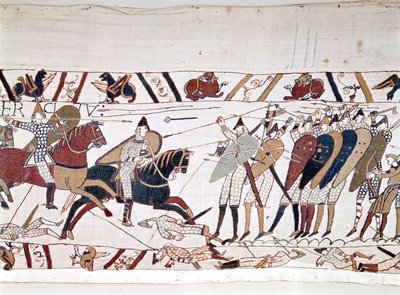 Die Schlacht von Hastings, gewonnen von Wilhelm I. dem Eroberer (1027 - 1087) am 14.10.1066, bei der König Harold II. von England (1022 - 1066) starb. Teppich von Bayeux, bekannt als Stickerei der Königin Mathilde von Unknown artist