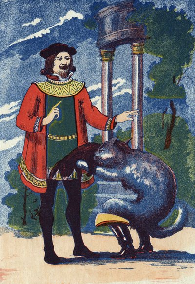 Der gestiefelte Kater bietet dem König ein Kaninchen an. Illustration für „Le chat Botte“, Märchen von Charles Perrault (1628-1703), französischer Schriftsteller. Anonyme Illustration. Bildmaterial Marcel Vagne, Jarville Nancy, undatiert (spätes 19. Jahrhu von Unknown artist