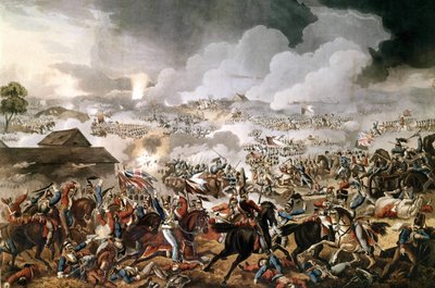 Die britische Armee unter dem Kommando des Herzogs von Wellington (1769 - 1852) gewann die Schlacht von Waterloo gegen die französischen Truppen Napoleons I. am 18.06.1815. Zeitgenössische Gravur von Unknown artist