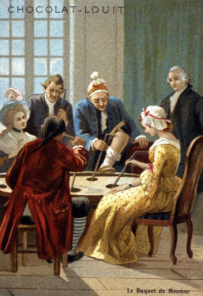 Der Mesmer-Eimer. Erfahrung von Mesmer, einem deutschen Arzt, der behauptete, den „tierischen Magnetismus“ entdeckt zu haben. Chromolithographie aus dem 19. Jahrhundert von Unknown artist