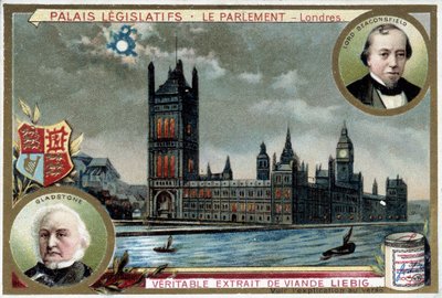 Der Palast von Westminster, oder Parlament von London (England), mit Porträts von William Ewart Gladstone (1809-1898) und Benjamin Disraeli, Lord Beaconsfield (1804-1881) von Unknown artist