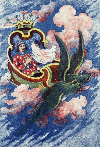 Der Prinz und Truitonne gehen zur Fee Soussio. Anonyme Illustration für das Märchen „Der blaue Vogel“ von Madame d