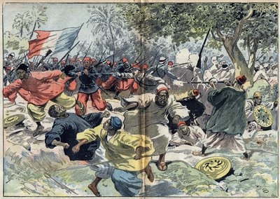 Die sudanesischen Truppen von Samory Toure wurden hinter den Ufern des Cavalby-Flusses von einer französischen Kolonie unter Leutnant Walfel aufgestellt. Sudan, 9. September 1898. Illustration in „Le Pelerin“ vom 9. Oktober von Unknown artist