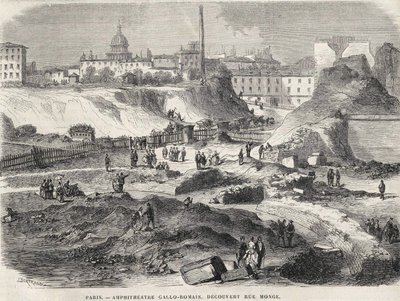 Das gallo-römische Amphitheater entdeckt in der Rue Monge in Paris im Jahr 1870, heute die Arenes de Lutèce. Gravur des 19. Jahrhunderts von Unknown artist