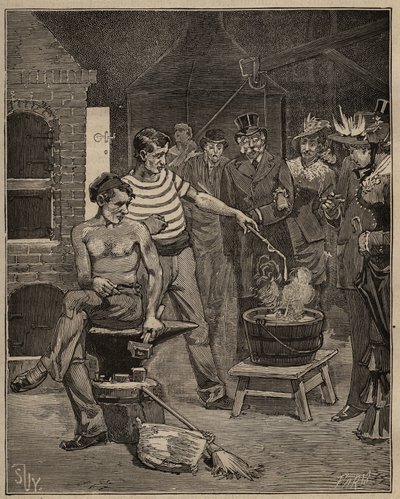 Die Kunst des Glases: Erfahrung mit Batavischen Tränen. Tropfen geschmolzenen Glases werden in ein kaltes Wasserbad getropft, das in Form von Tränen erstarrt. Gravur von 1885 in „Les arts et metiers illustres“ von Adolphe BITARD von Unknown artist