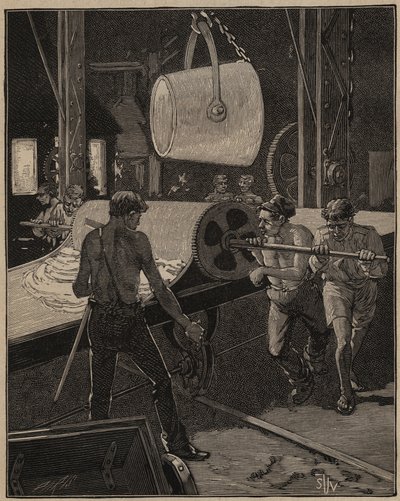 Die Kunst des Glases: Herstellung von Eiscreme. Schritt genannt „der große Fluss“. Gravur von 1885 in „Les arts et metiers illustres“ von Adolphe BITARD von Unknown artist