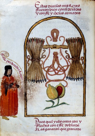 Das Armband und die Pfeile. Emblem der Katholischen Könige (Miniatur in „Devocionario de la Reyna Da Juana a Quien Llamaron la Loca“ von Pedro Marcuello von Unknown artist