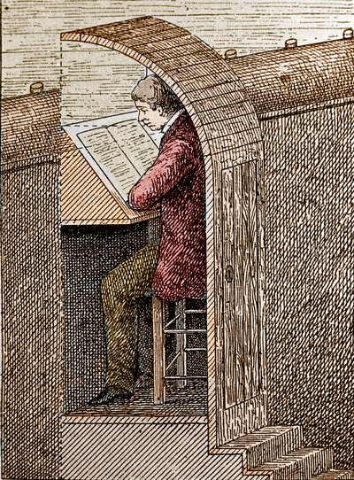 Der Souffleur in seinem Loch. Ein Theatersouffleur hilft Schauspielern, sich an ihren Text zu erinnern, wenn sie auf der Bühne stehen. Hier ist er in seinem „Loch“ dargestellt, einer Öffnung an der Vorderseite der Bühne, die dem Publikum verborgen bleibt.  von Unknown artist
