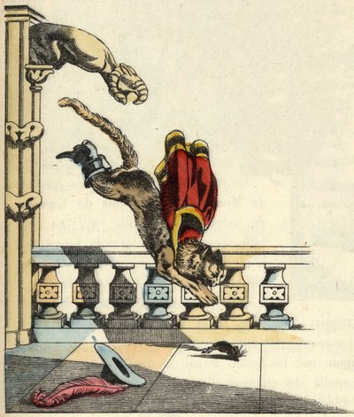 Der gestiefelte Kater bittet den Oger, sich in eine Maus zu verwandeln, und springt, um ihn zu verschlingen. Illustration aus Charles Perraults Märchen „Der gestiefelte Kater“ von Unknown artist