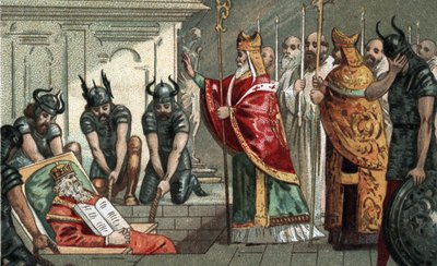 Die Beerdigung von Karl dem Großen im Jahr 814 in der Kathedrale von Aachen in Deutschland. Chromolithographie aus dem späten 19. Jahrhundert. von Unknown artist