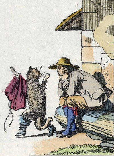 Der Kater bittet seinen Herrn um Kleidung und Stiefel und verspricht bald reich zu sein. Illustration des Märchens „Der gestiefelte Kater“ von Charles Perrault von Unknown artist