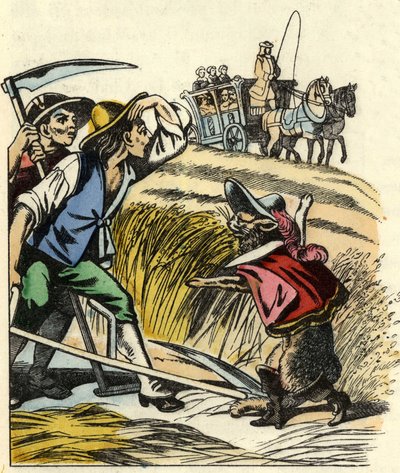 Der Kater zwingt die Bauern zu sagen, dass das Feld, auf dem sie Weizen mähen, dem Marquis de Carabas gehört. Illustration aus Charles Perraults Märchen „Der gestiefelte Kater“ von Unknown artist