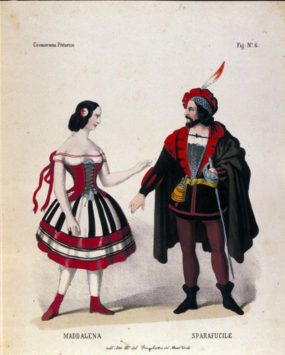 Die Charaktere Maddalena und Sparafucile im 3. Akt der Oper „Rigoletto“ von Komponist Giuseppe Verdi (1813-1901) von Unknown artist