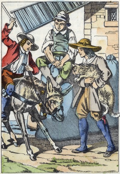 Die Kinder des verstorbenen Müllers teilen sein Erbe: Esel, Mühle und Kater. Illustration des Märchens „Der gestiefelte Kater“ von Charles Perrault von Unknown artist