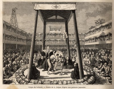 Der Zirkus der Ringer, die auf ihren Kampf warten, findet in der Arena unter dem Holzkäfig statt; ringsum beobachtet die Menge der Zuschauer und Wettenden die Kämpfe mit Leidenschaft. Illustration der Reise nach Japan, von Aime Humbert, Minister der Schwe von Unknown artist