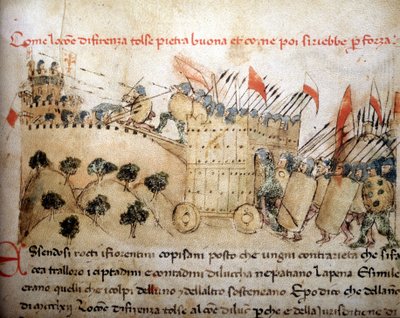 Die Stadt Florenz eroberte Pietrabuona, das später von den Einwohnern von Lucca übernommen wurde - in „Croniche del Sercambi“, um 1400. Nationalarchiv, Lucca von Unknown artist