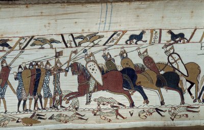Die Eroberung Englands durch den Herzog der Normandie, Wilhelm der Eroberer (1027-1087) im Jahr 1066: Szene der Schlacht von Hastings zwischen der normannischen Infanterie und der sächsischen Kavallerie. Detail des Teppichs von Bayeux oder der Stickerei vo von Unknown artist