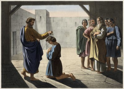 Die Krönung Davids: Samuel ernennt David zum König von Israel. Anonyme Gravur des 19. Jahrhunderts. von Unknown artist