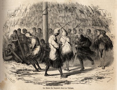 Der Tanz des Bayente oder Tanz des Teufels bei den Yahua-Indianern von Peru, organisiert zu Ehren des Mondes, findet jedes Jahr in einer Hütte im Wald statt; nach der Zeremonie werden die Hütte, Flöten und Trommeln sorgfältig verbrannt. Illustration von Unknown artist