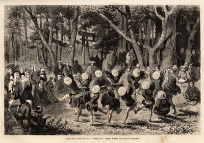 Der Tanz des Reisrundens, der im 10. Monat des Jahres stattfindet, bezieht sich auf Getreideernte. Gravur zur Illustration der Reise nach Japan, von Aime Humbert, Minister der Schweizerischen Eidgenossenschaft, 1863-1864, veröffentlicht in "Le tour du mond von Unknown artist